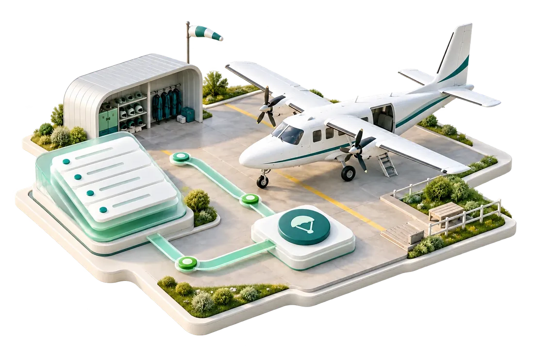 Illustration conceptuelle d'opérations aériennes et de dossiers de réservation connectés.