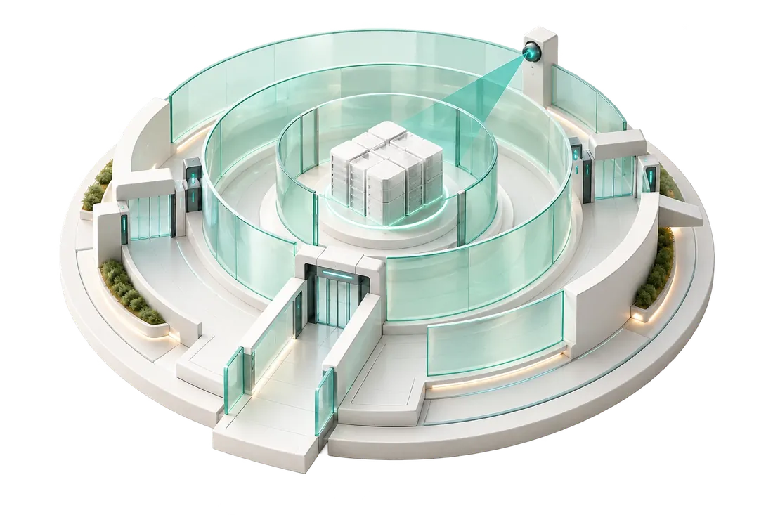 Conceptual illustration of layered access and monitoring around a data core.