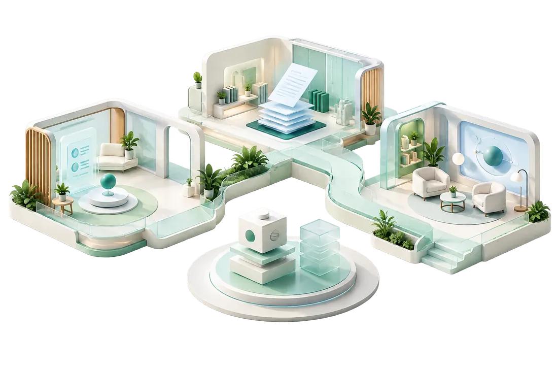 Illustration conceptuelle d'espaces d'accueil connectés et d'un jumeau numérique de produit.