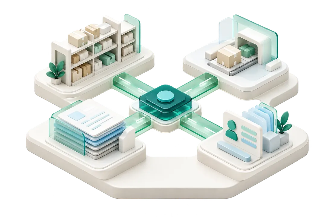 Illustration conceptuelle d'inventaire, commandes, finances et dossiers clients coordonnés.