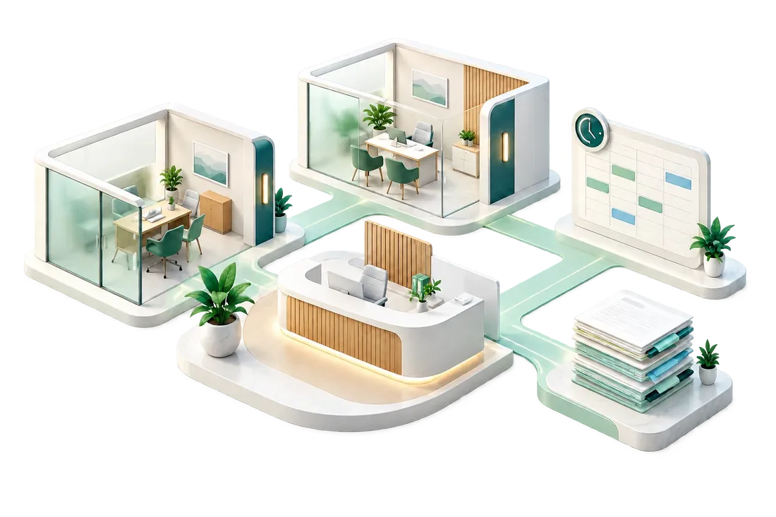 Conceptual illustration of clinic spaces and administrative coordination.