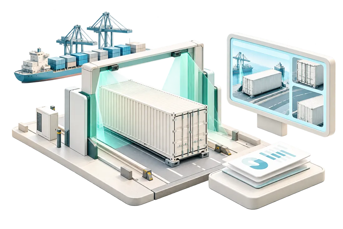Illustration conceptuelle d'une inspection de conteneur et d'un flux de révision à distance.