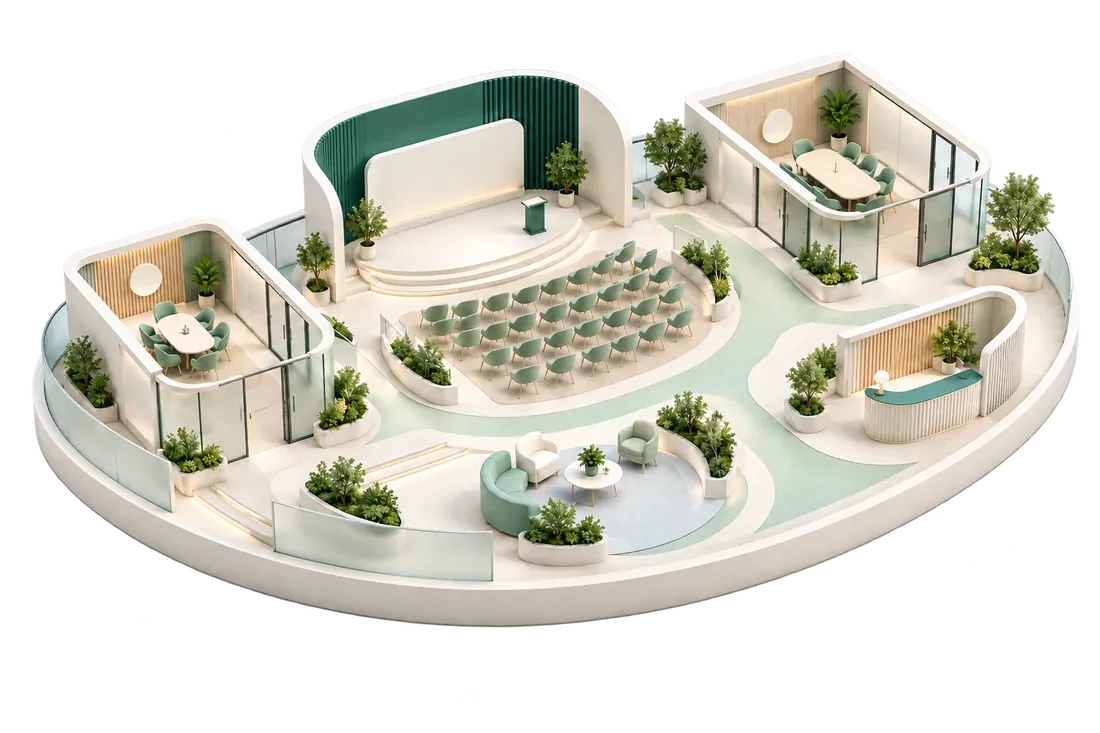 Illustration conceptuelle d'espaces événementiels et d'opérations de lieux coordonnés.