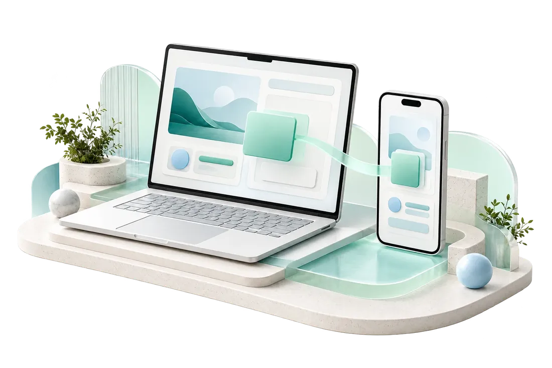 Illustration conceptuelle d'une expérience numérique adaptative sur ordinateur et mobile.