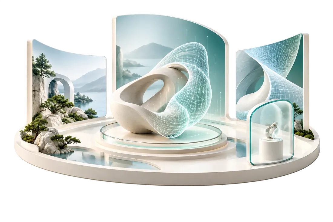 Conceptual illustration of a sculpture and its digital twin in an immersive environment.